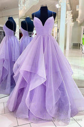 Purple V Neck Sleeveless A Line Tulle Sequin Semi Formal Prom Dresses